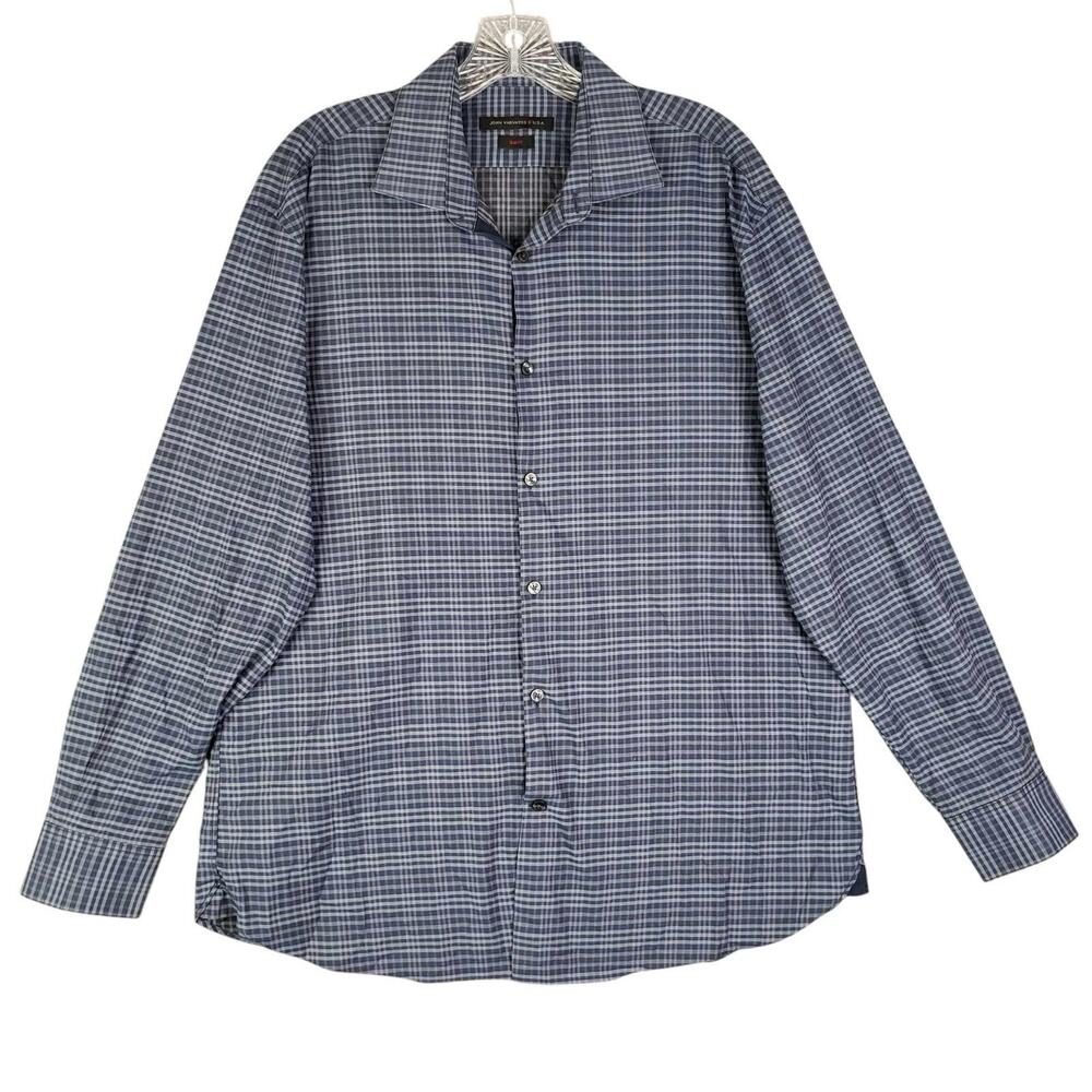 John Varvatos Shirt Long Sleeve Button Up Blue Plaid Men's Size 16.5 Large L